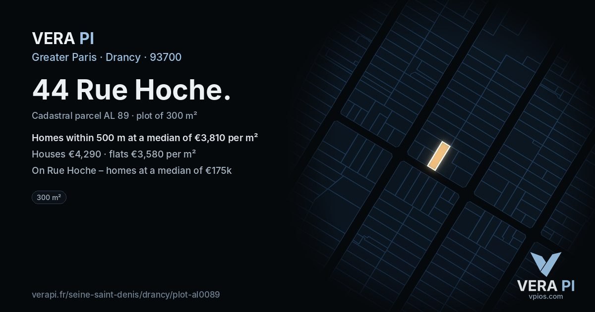 44 Rue Hoche, Drancy at night – the plot lit, the parcels around coloured by the prices near them