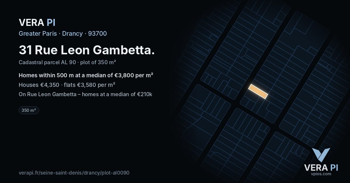 31 Rue Leon Gambetta, Drancy at night – the plot lit, the parcels around coloured by the prices near them