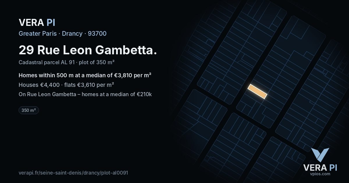 29 Rue Leon Gambetta, Drancy at night – the plot lit, the parcels around coloured by the prices near them