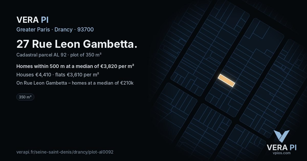 27 Rue Leon Gambetta, Drancy at night – the plot lit, the parcels around coloured by the prices near them
