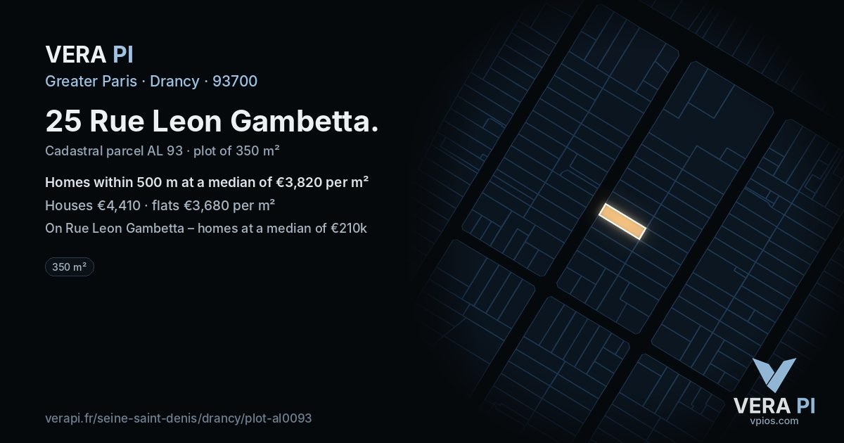 25 Rue Leon Gambetta, Drancy at night – the plot lit, the parcels around coloured by the prices near them