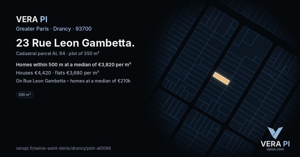 23 Rue Leon Gambetta, Drancy at night – the plot lit, the parcels around coloured by the prices near them