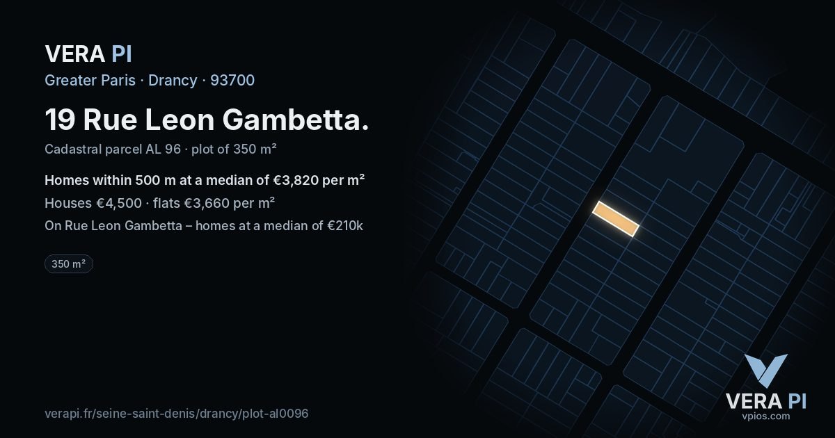 19 Rue Leon Gambetta, Drancy at night – the plot lit, the parcels around coloured by the prices near them