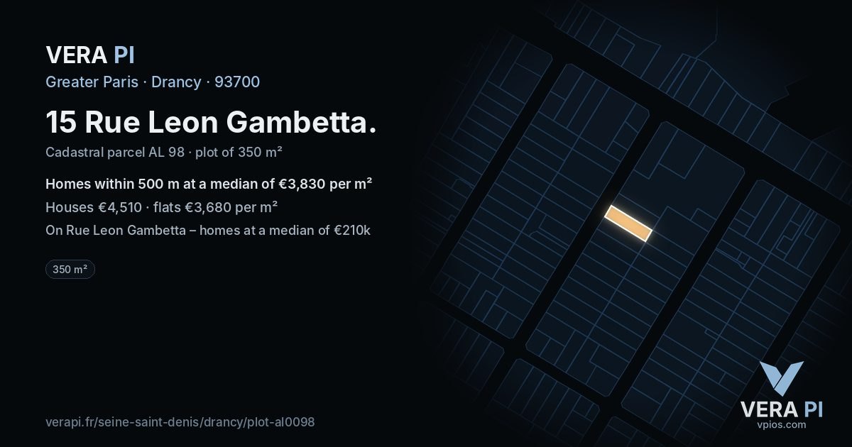 15 Rue Leon Gambetta, Drancy at night – the plot lit, the parcels around coloured by the prices near them