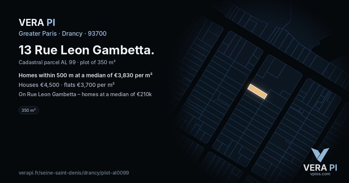 13 Rue Leon Gambetta, Drancy at night – the plot lit, the parcels around coloured by the prices near them