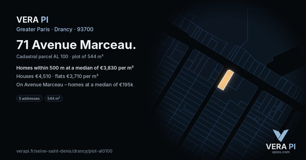 71 Avenue Marceau, Drancy at night – the plot lit, the parcels around coloured by the prices near them