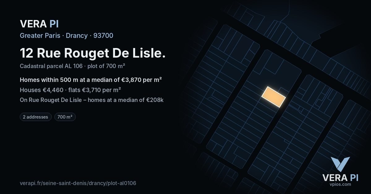 12 Rue Rouget De Lisle, Drancy at night – the plot lit, the parcels around coloured by the prices near them