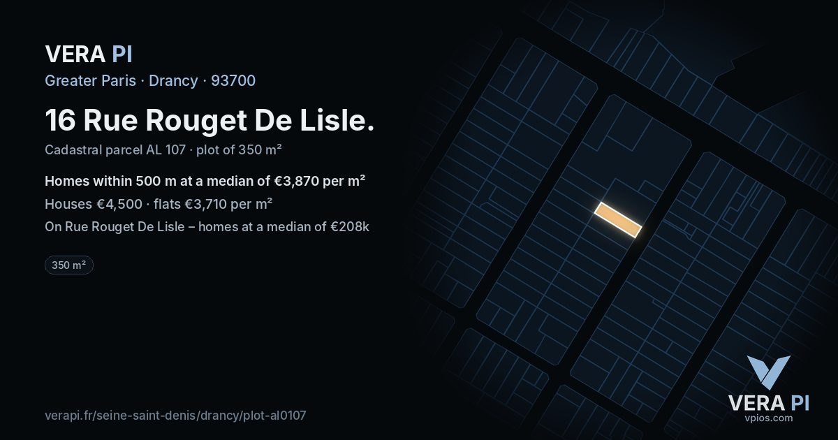 16 Rue Rouget De Lisle, Drancy at night – the plot lit, the parcels around coloured by the prices near them