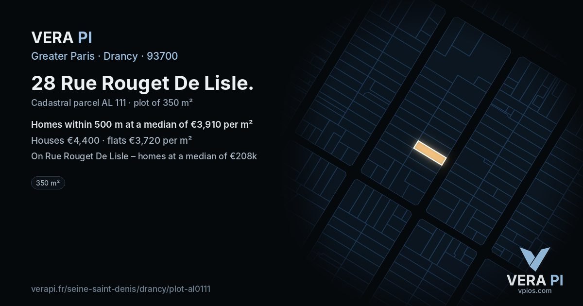 28 Rue Rouget De Lisle, Drancy at night – the plot lit, the parcels around coloured by the prices near them