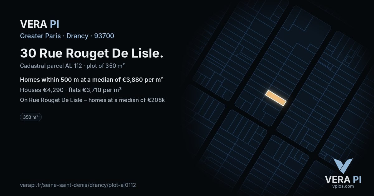 30 Rue Rouget De Lisle, Drancy at night – the plot lit, the parcels around coloured by the prices near them
