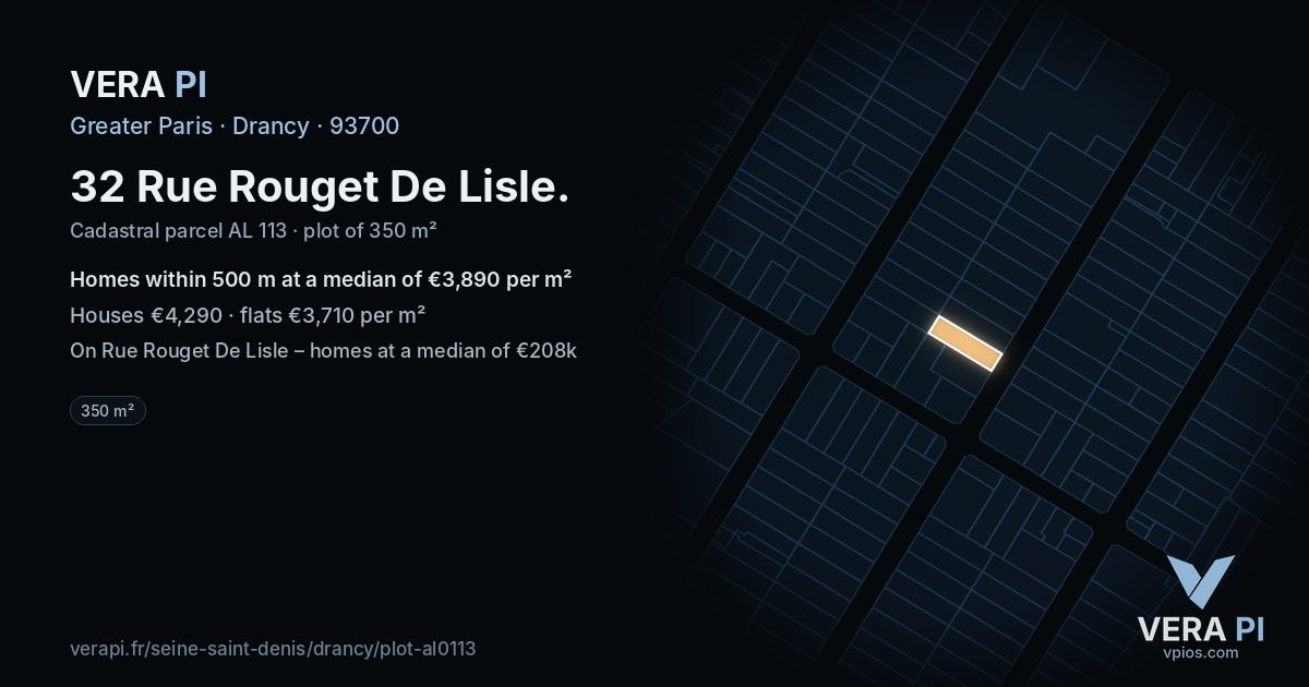 32 Rue Rouget De Lisle, Drancy at night – the plot lit, the parcels around coloured by the prices near them