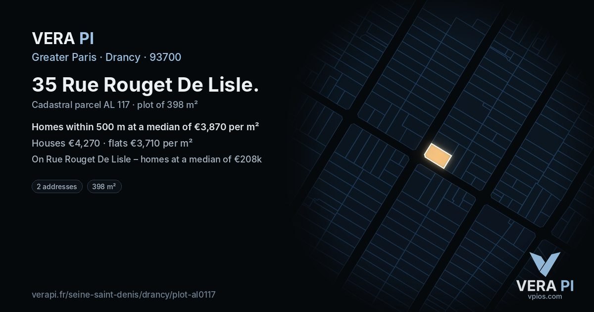35 Rue Rouget De Lisle, Drancy at night – the plot lit, the parcels around coloured by the prices near them