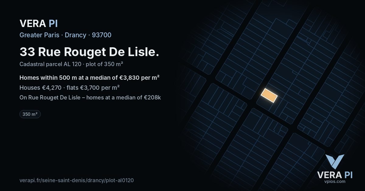 33 Rue Rouget De Lisle, Drancy at night – the plot lit, the parcels around coloured by the prices near them