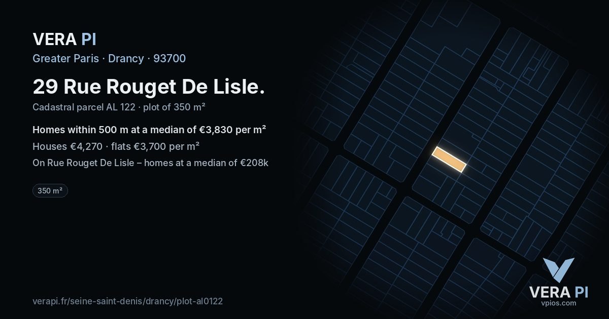 29 Rue Rouget De Lisle, Drancy at night – the plot lit, the parcels around coloured by the prices near them