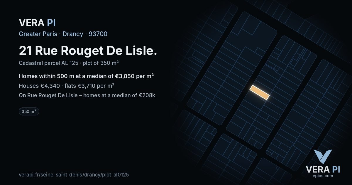 21 Rue Rouget De Lisle, Drancy at night – the plot lit, the parcels around coloured by the prices near them