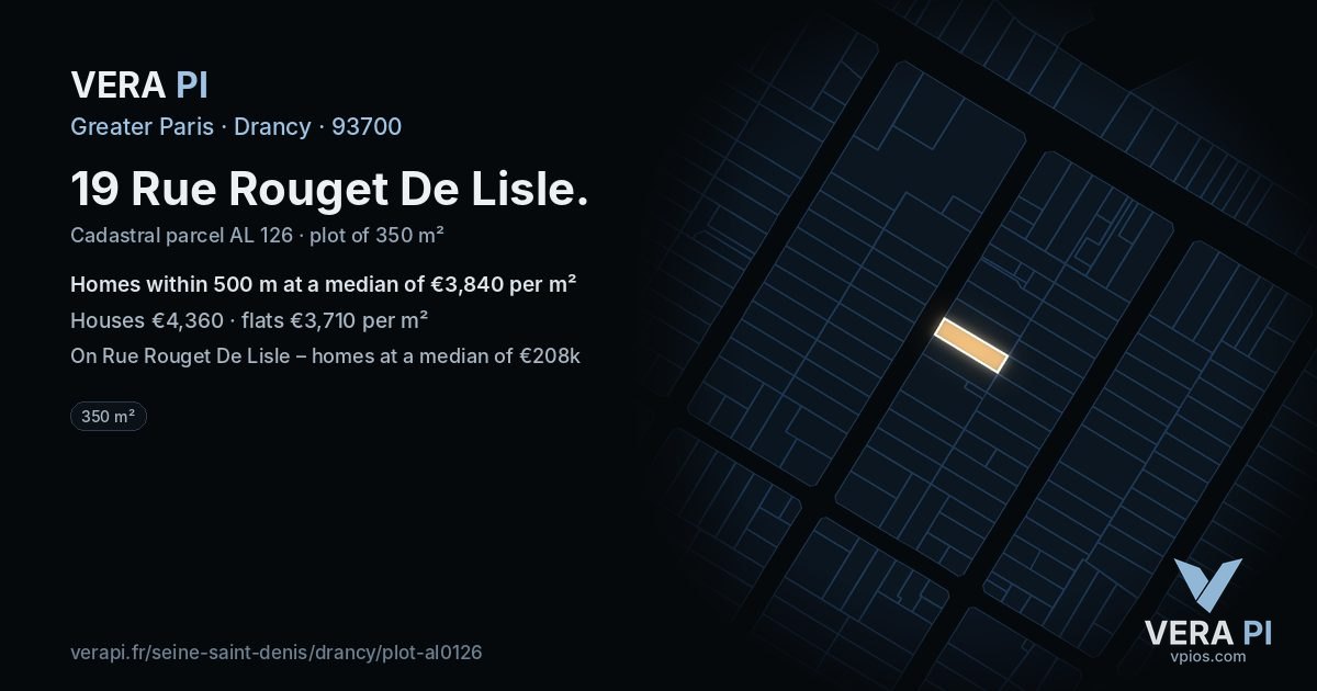 19 Rue Rouget De Lisle, Drancy at night – the plot lit, the parcels around coloured by the prices near them
