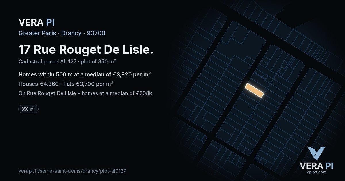 17 Rue Rouget De Lisle, Drancy at night – the plot lit, the parcels around coloured by the prices near them