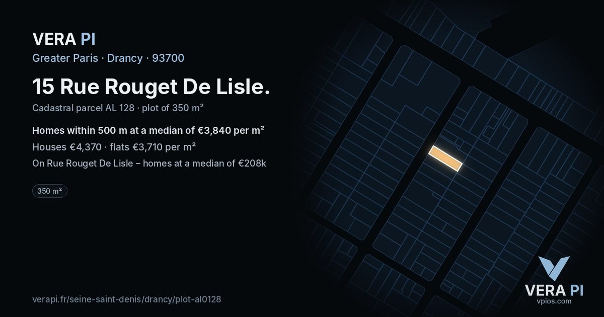 15 Rue Rouget De Lisle, Drancy at night – the plot lit, the parcels around coloured by the prices near them