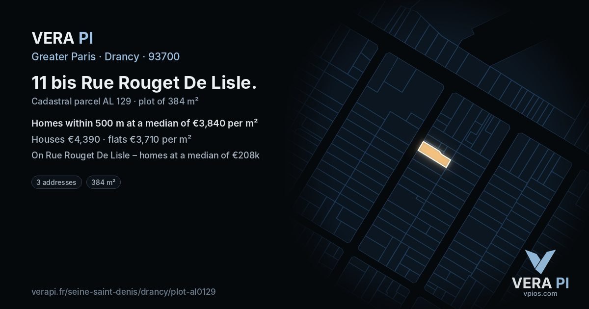 11 bis Rue Rouget De Lisle, Drancy at night – the plot lit, the parcels around coloured by the prices near them