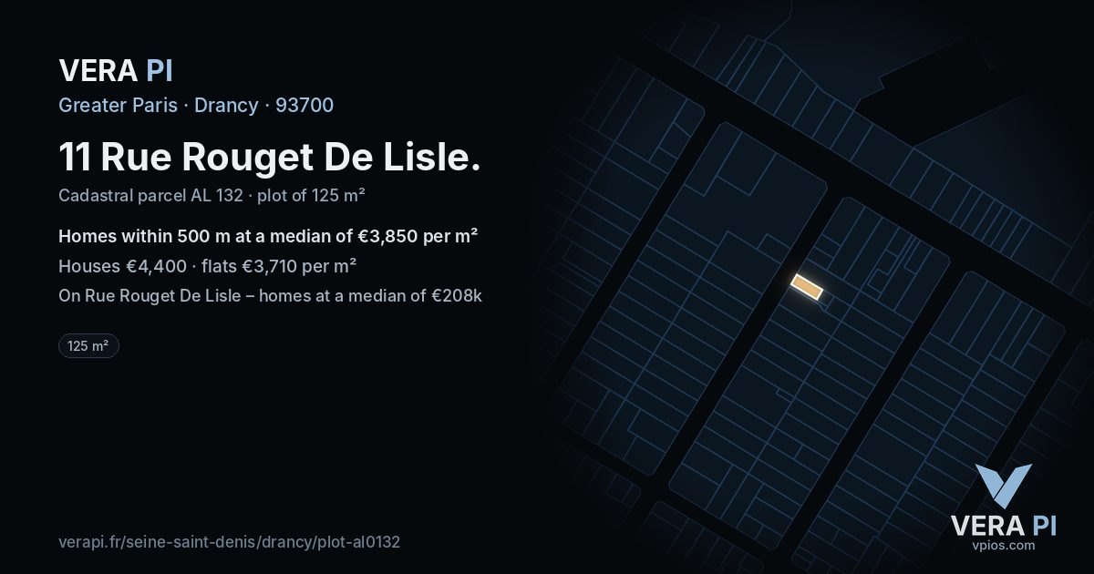 11 Rue Rouget De Lisle, Drancy at night – the plot lit, the parcels around coloured by the prices near them