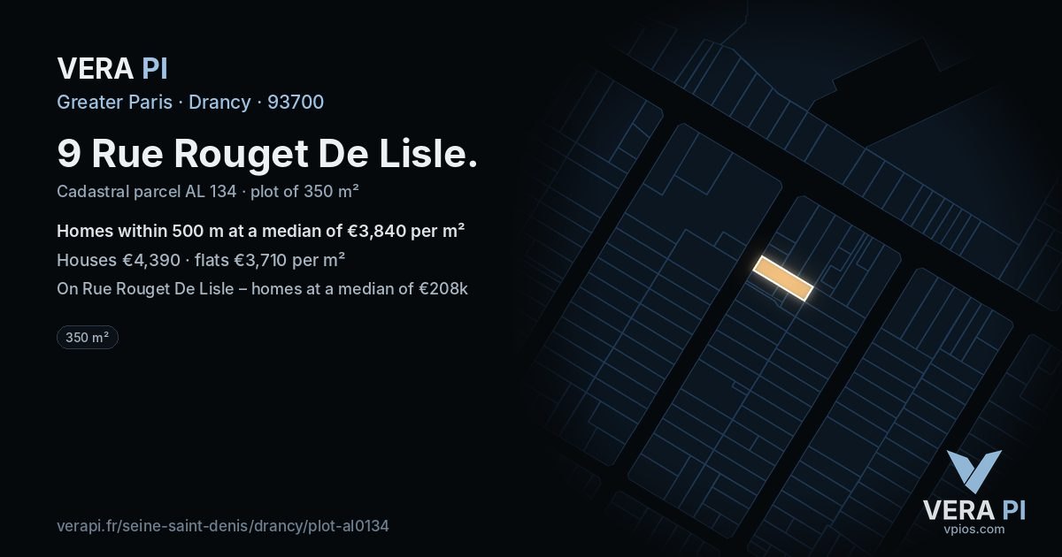 9 Rue Rouget De Lisle, Drancy at night – the plot lit, the parcels around coloured by the prices near them