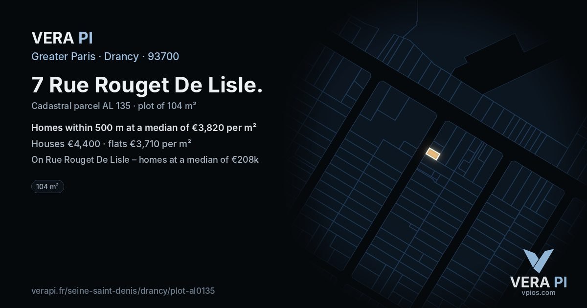7 Rue Rouget De Lisle, Drancy at night – the plot lit, the parcels around coloured by the prices near them