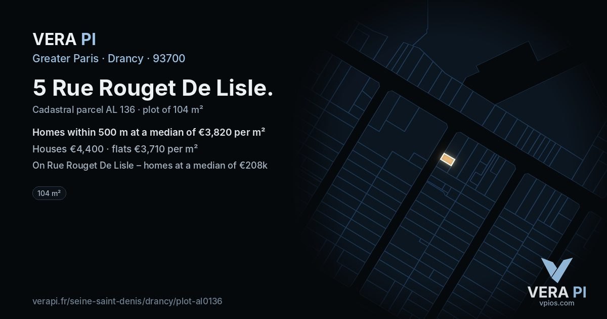 5 Rue Rouget De Lisle, Drancy at night – the plot lit, the parcels around coloured by the prices near them