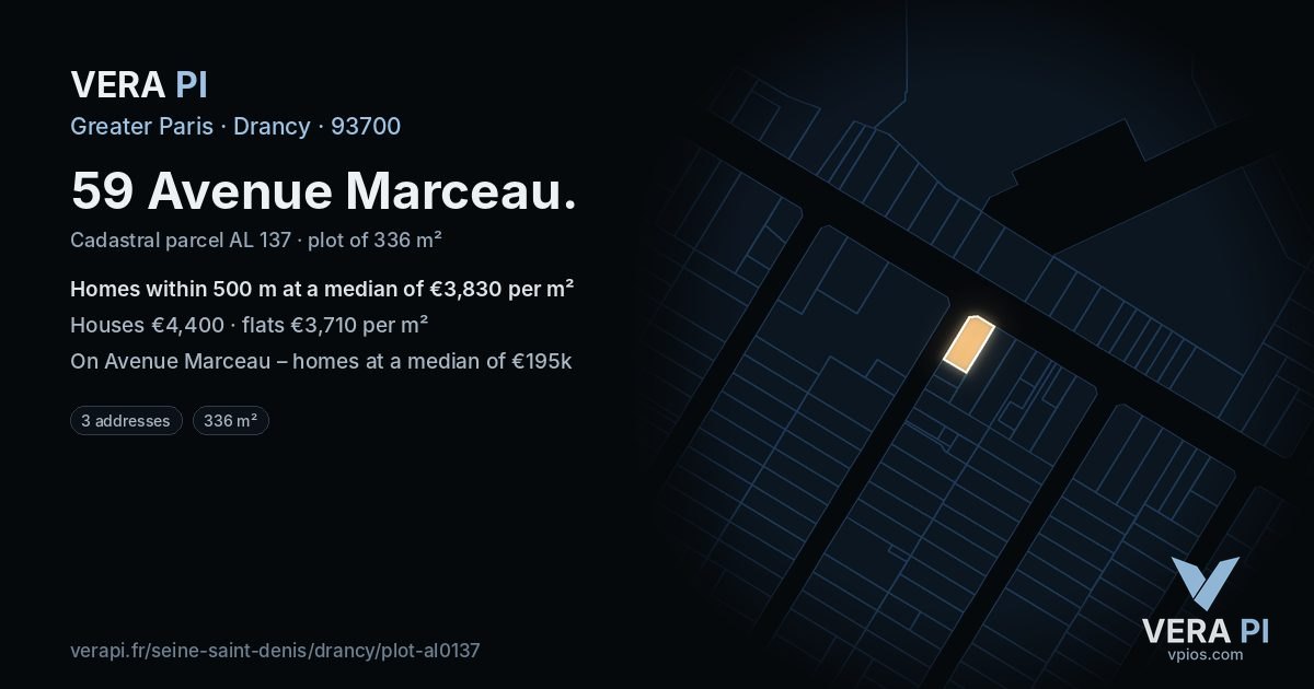 59 Avenue Marceau, Drancy at night – the plot lit, the parcels around coloured by the prices near them
