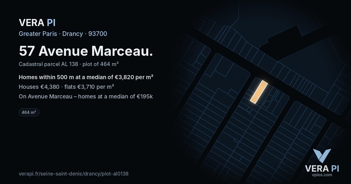 57 Avenue Marceau, Drancy at night – the plot lit, the parcels around coloured by the prices near them