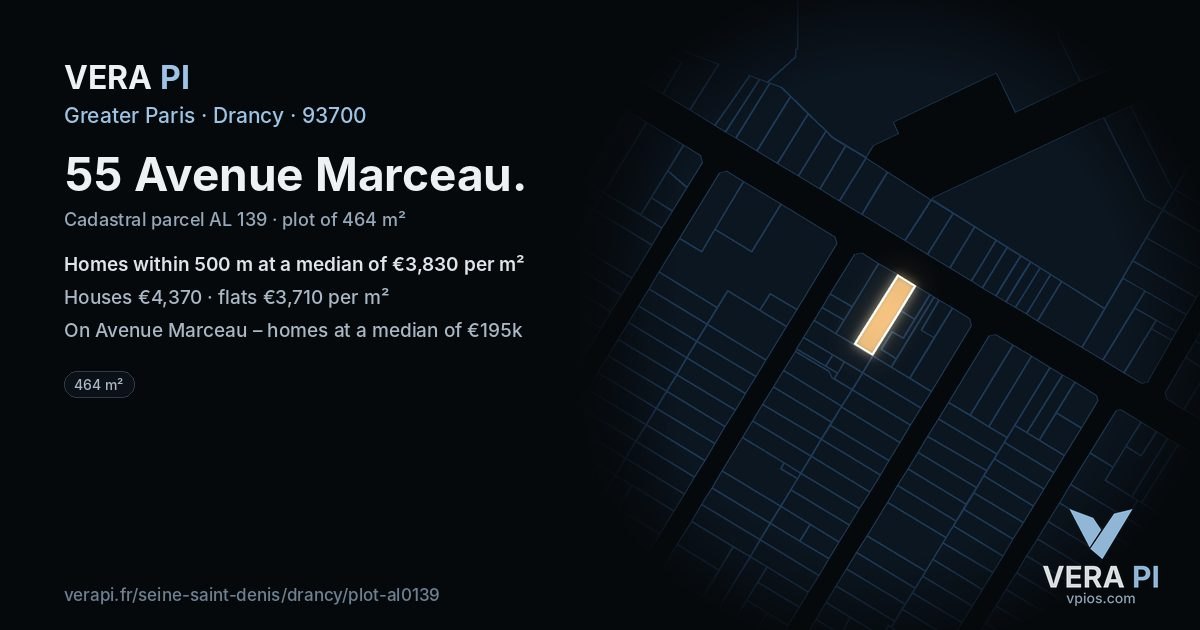 55 Avenue Marceau, Drancy at night – the plot lit, the parcels around coloured by the prices near them