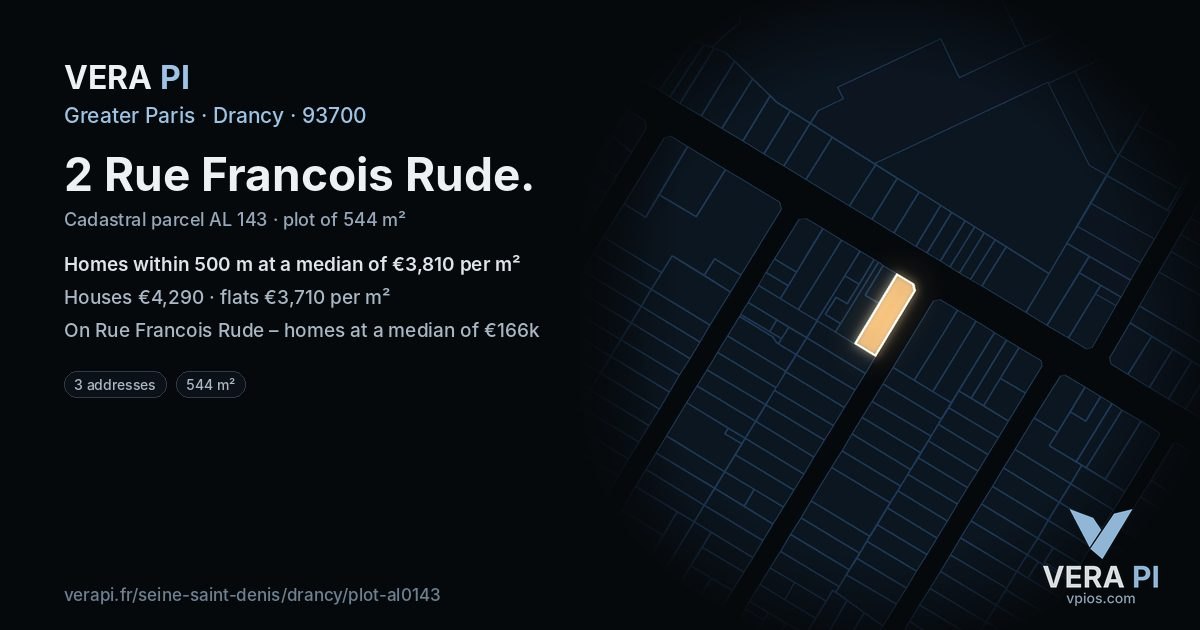 2 Rue Francois Rude, Drancy at night – the plot lit, the parcels around coloured by the prices near them