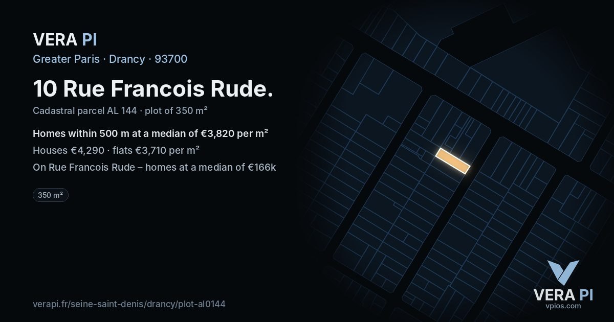10 Rue Francois Rude, Drancy at night – the plot lit, the parcels around coloured by the prices near them