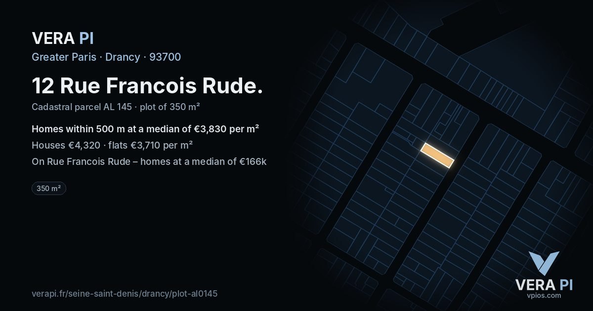 12 Rue Francois Rude, Drancy at night – the plot lit, the parcels around coloured by the prices near them