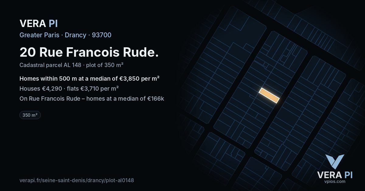 20 Rue Francois Rude, Drancy at night – the plot lit, the parcels around coloured by the prices near them