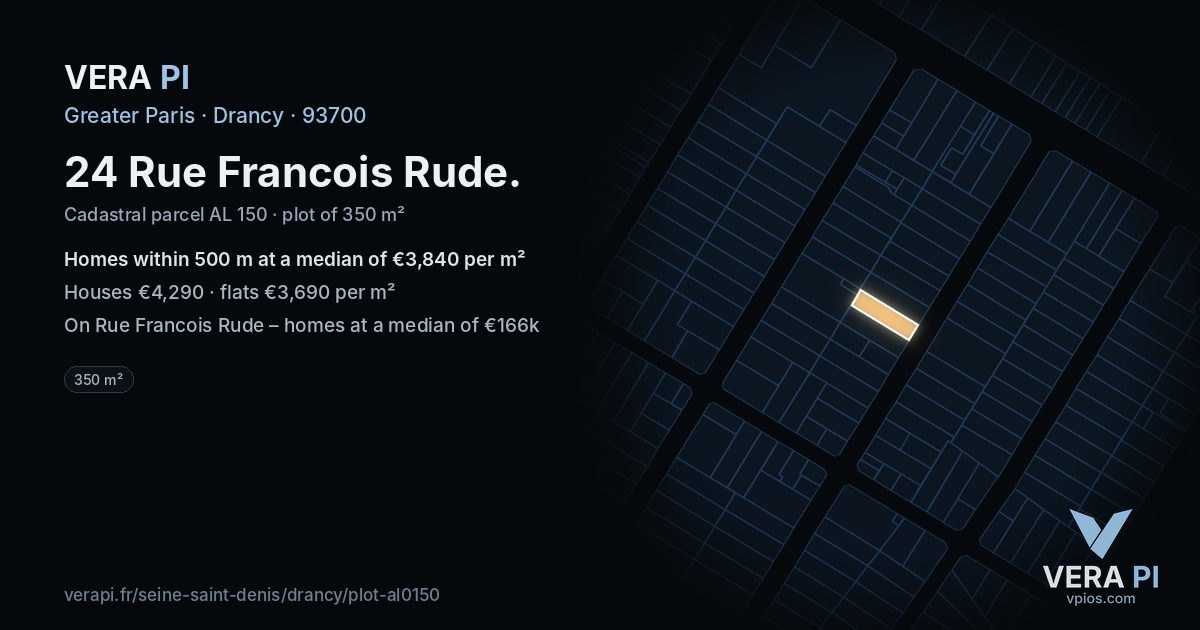 24 Rue Francois Rude, Drancy at night – the plot lit, the parcels around coloured by the prices near them