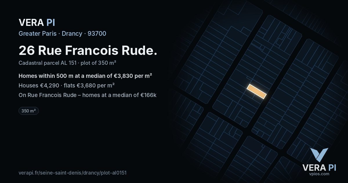26 Rue Francois Rude, Drancy at night – the plot lit, the parcels around coloured by the prices near them