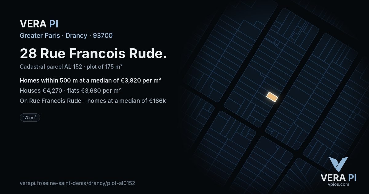 28 Rue Francois Rude, Drancy at night – the plot lit, the parcels around coloured by the prices near them