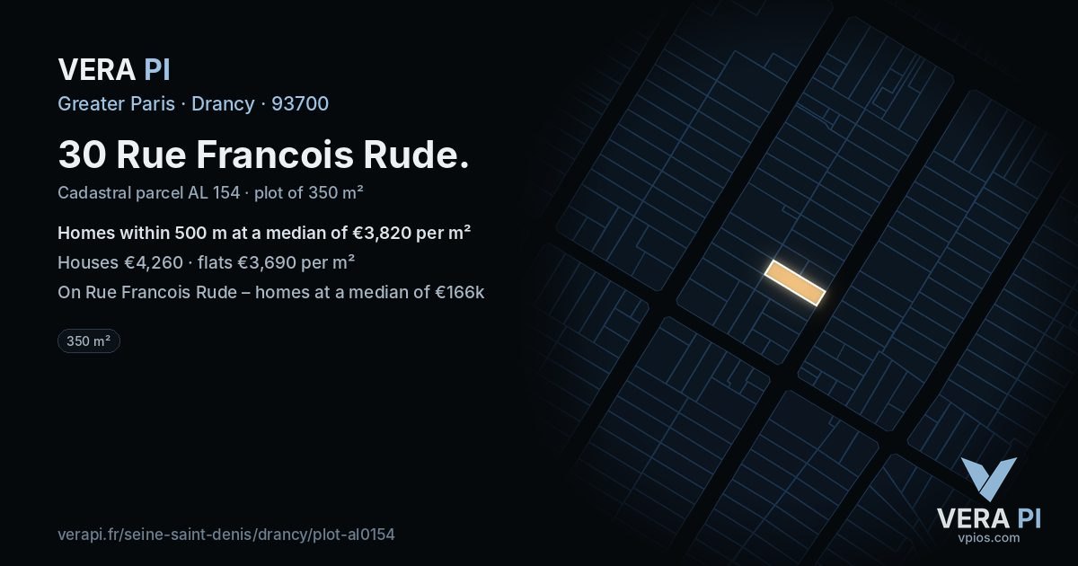 30 Rue Francois Rude, Drancy at night – the plot lit, the parcels around coloured by the prices near them