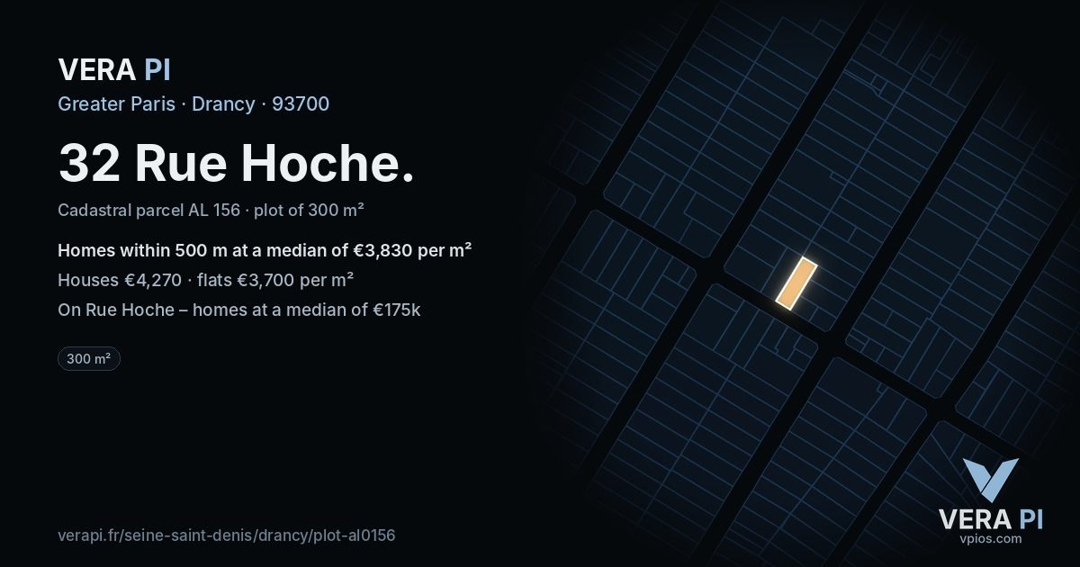 32 Rue Hoche, Drancy at night – the plot lit, the parcels around coloured by the prices near them