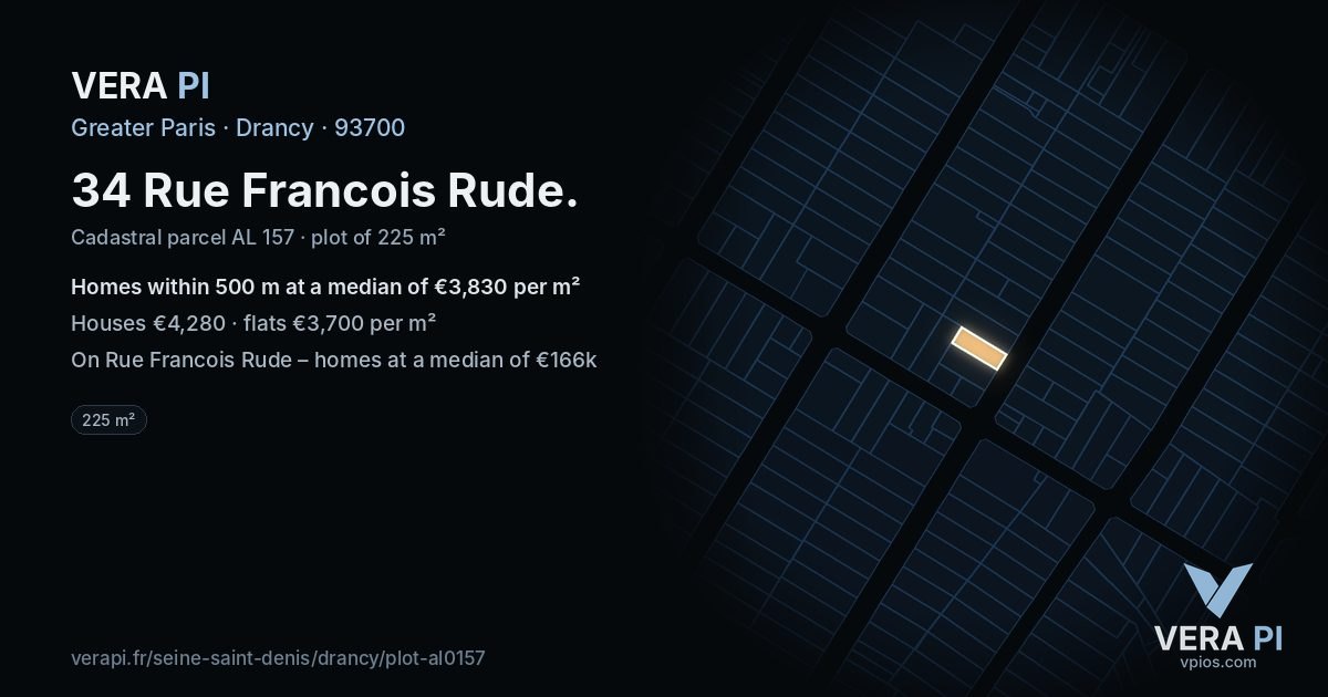 34 Rue Francois Rude, Drancy at night – the plot lit, the parcels around coloured by the prices near them