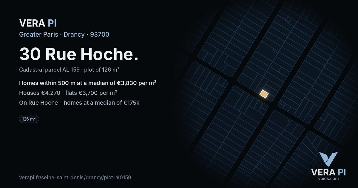 30 Rue Hoche, Drancy at night – the plot lit, the parcels around coloured by the prices near them