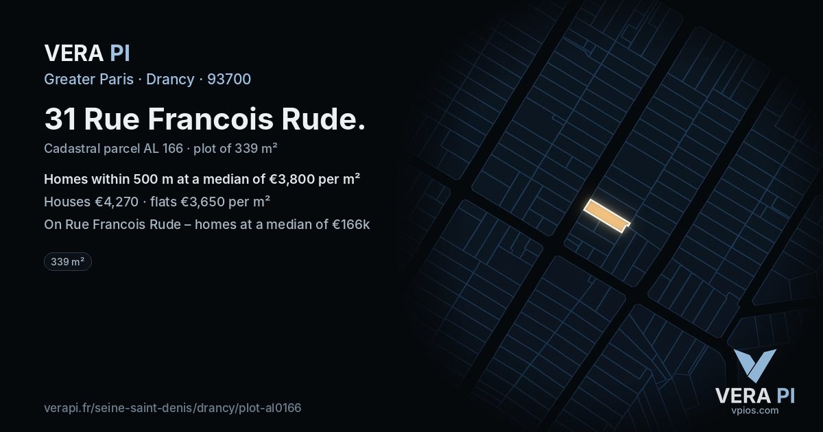 31 Rue Francois Rude, Drancy at night – the plot lit, the parcels around coloured by the prices near them