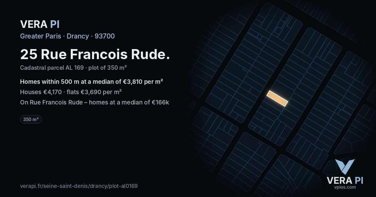 25 Rue Francois Rude, Drancy at night – the plot lit, the parcels around coloured by the prices near them