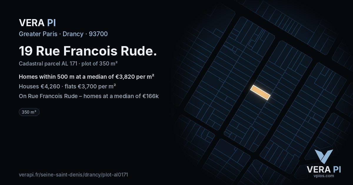 19 Rue Francois Rude, Drancy at night – the plot lit, the parcels around coloured by the prices near them