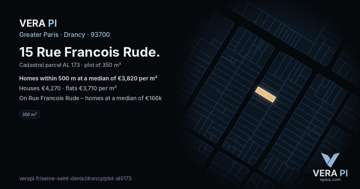 15 Rue Francois Rude, Drancy at night – the plot lit, the parcels around coloured by the prices near them