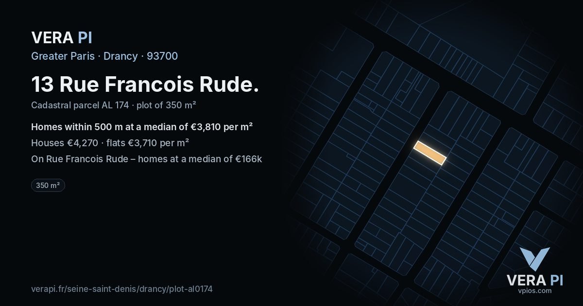 13 Rue Francois Rude, Drancy at night – the plot lit, the parcels around coloured by the prices near them