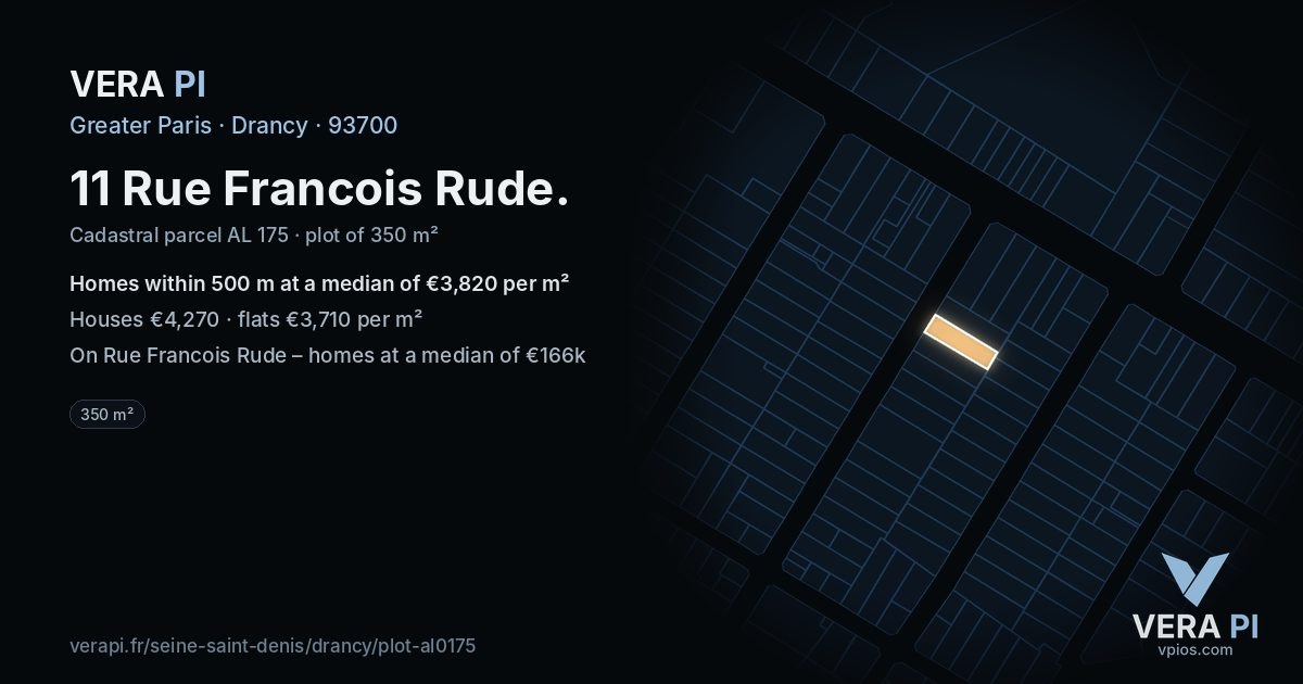 11 Rue Francois Rude, Drancy at night – the plot lit, the parcels around coloured by the prices near them