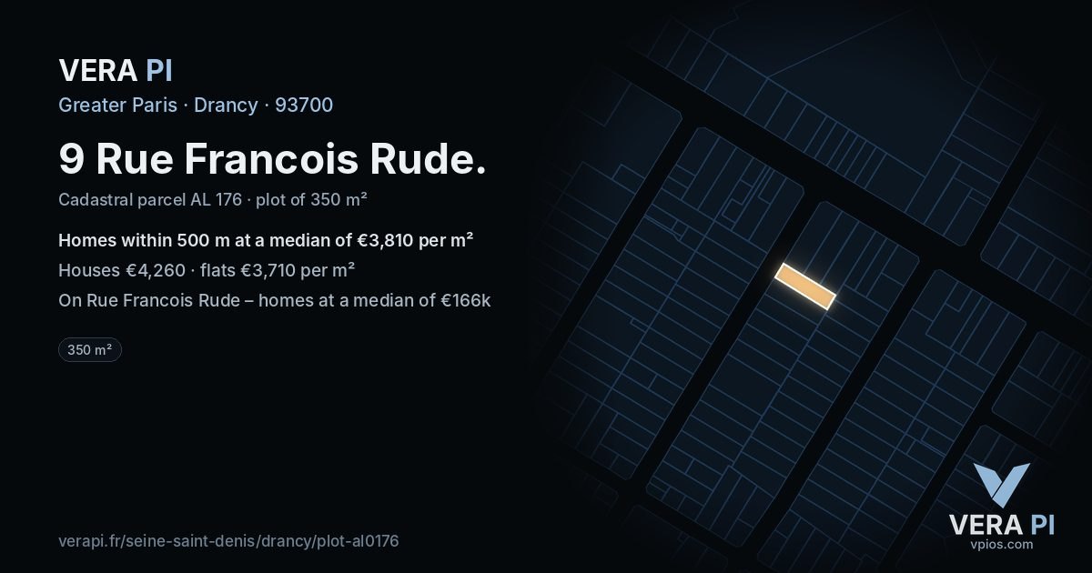 9 Rue Francois Rude, Drancy at night – the plot lit, the parcels around coloured by the prices near them
