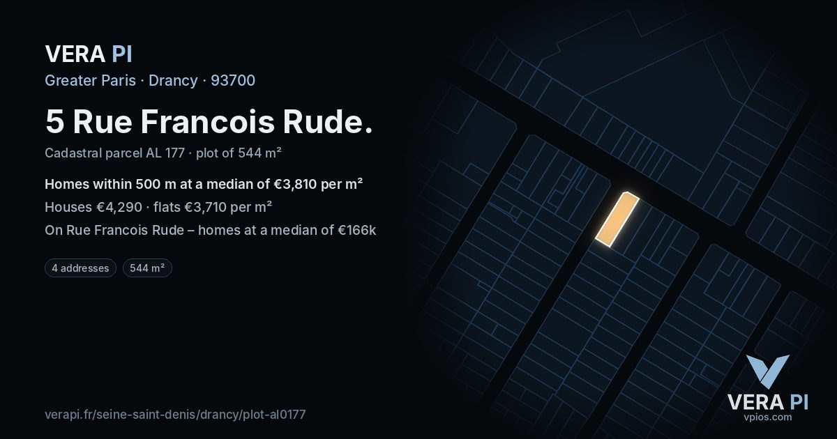 5 Rue Francois Rude, Drancy at night – the plot lit, the parcels around coloured by the prices near them