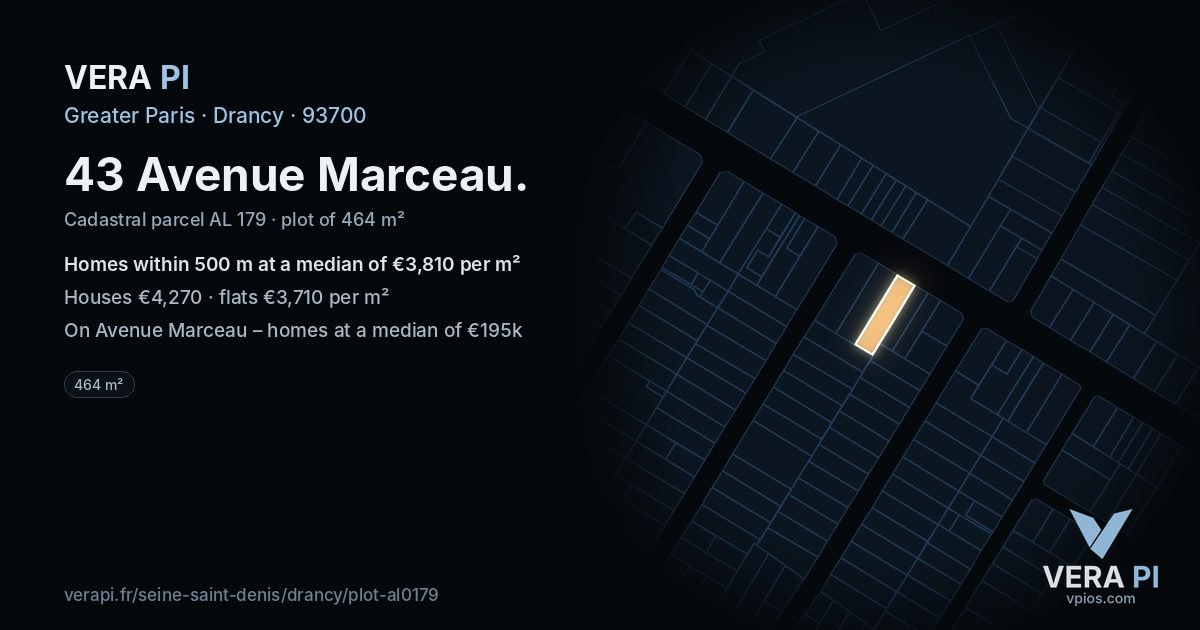 43 Avenue Marceau, Drancy at night – the plot lit, the parcels around coloured by the prices near them
